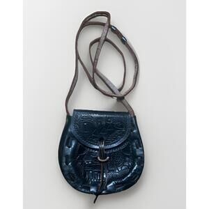 Vintage Handmade Peruvian Tooled Embossed Genuine Leather Crossbody Rustic Bag